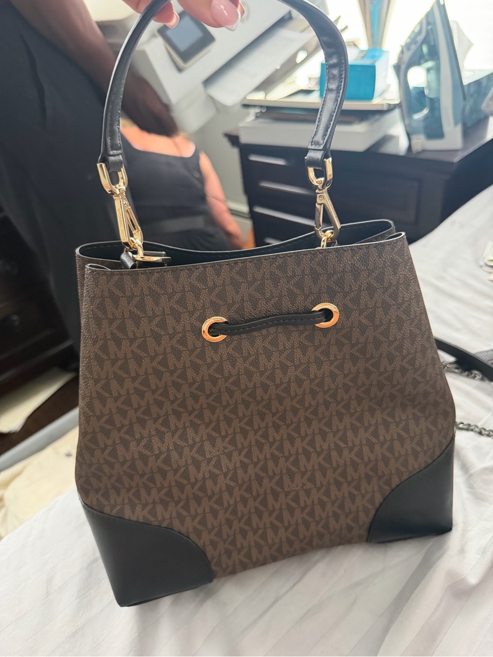 Michael Kors Brown MK Signature Shoulder Bag with Black Trim and Gold Hardware